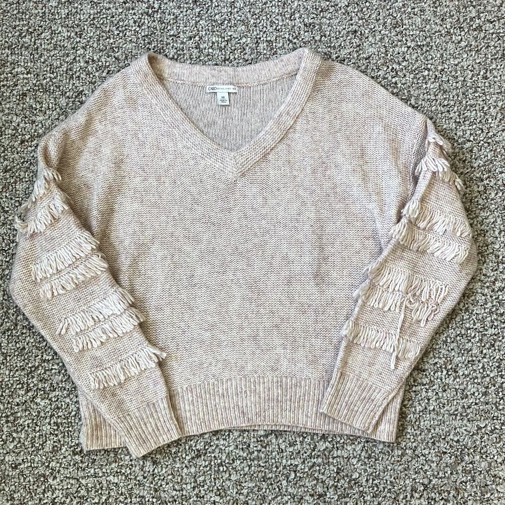 Cato Sweater Womens Size M Heathered Pink Knit Fringe Long Sleeve V Neck Ribbed